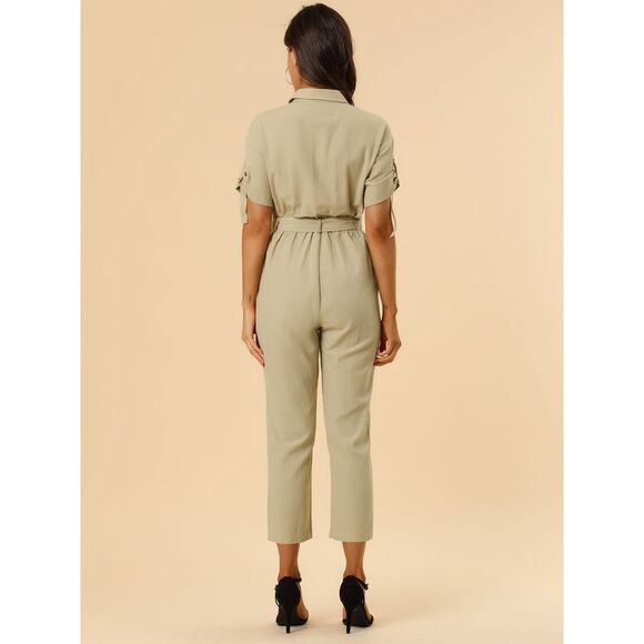 Short Sleeve Collared Cropped Button Down Tie Waist Cotton Cargo Jumpsuit Khaki - Picture 4 of 6